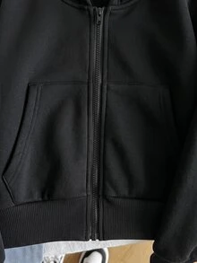 SHEIN 少女寬鬆休閒基本款極簡舒適街頭風連帽修身前短後長長袖冬季外套 白色 秋季 - 黑色 - 查看 4