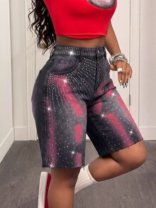 SHEIN Unity Women's Casual Y2k 90s Washed Rhinestone Denim Shorts Work Night Club Club Night Outfits For Women Dark Grey Summer - Black - View 5