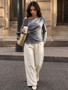Elenzga 女款素色百褶休閒百搭日常長袖T恤 - 霧霾藍 - 查看 3