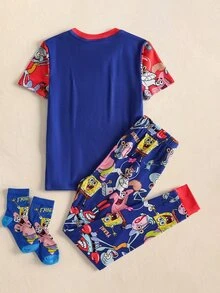 SpongeBob SquarePants | SHEIN Tween Boy Cartoon Print Short Sleeve Top And Fitted Long Pants Loungewear Set - Blue - View 2