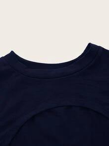SHEIN ICON 女款圓領短袖高低下擺短版針織純色上衣 - 藏蓝色 - 查看 4