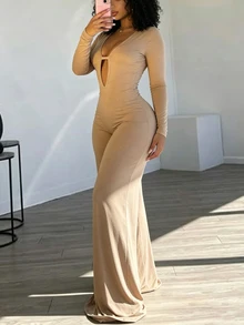 INAWLY Solva جمبسوت بلون موحد بتصميم مفرغ وأكمام طويلة وساق واسعة - لون مشمشي - مشاهدة 4
