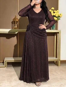 Modelyn Plus Size Women's V-Neck Shiny Casual Party Dress - Coffee Brown - View 4