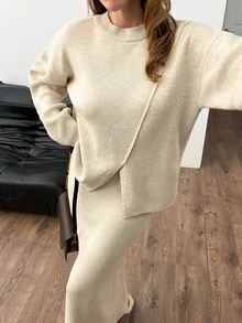 SHEIN Women Asymmetrical Cut High Neck Sweater And Maxi Knit Sweater Kirt 2pcs Set Co-Ords - Beige - View 7