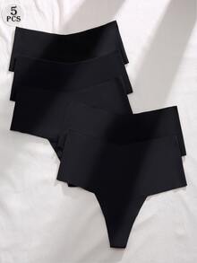 SHEIN 5pcs/Set Comfortable Underwear (High Waist Seamless Thong) - Black - View 3