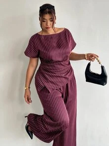 Firerie Plus Size Fashion Commuter Striped Shirt & Pants Suit Set - Red Violet - View 3