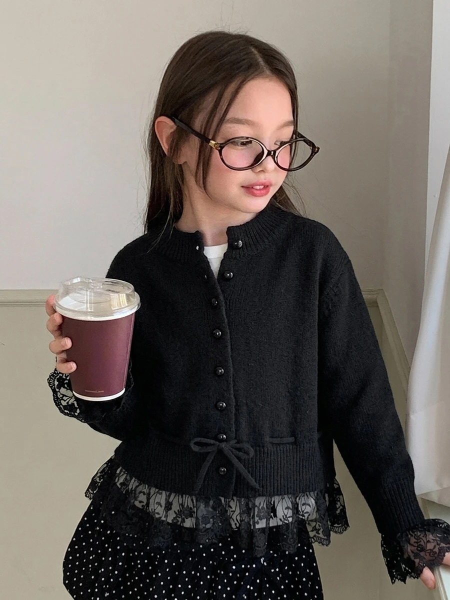Dazy Kids Tween Girl Autumn/Winter Casual Lace Patchwork Cardigan - Black - View 1
