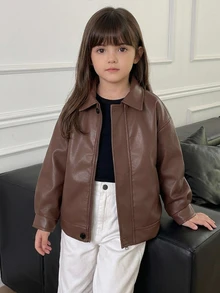 Hapijoa Young Girls' Brown Lapel Autumn/Winter Casual PU Leather Jacket - Brown - View 7