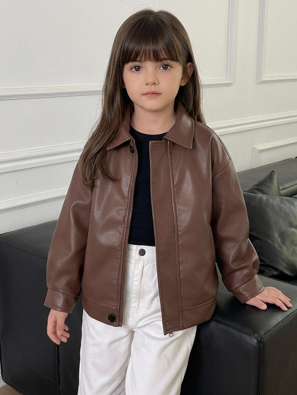 Girls (Small) Brown Lapel Autumn/Winter Casual PU Leather Jacket