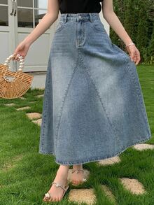 Dazy Tall Women's Elegant Casual A-Line Button Denim Skirt Autumn Everyday Going Out Blue - Medium Wash - View 10