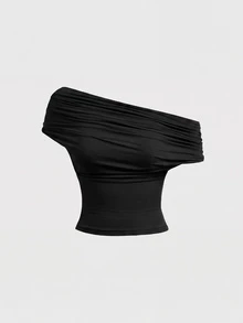 SHEIN MOD Plus Size Women Solid Color Pleated Casual Versatile Daily Wear Top - Dark Grey - View 3
