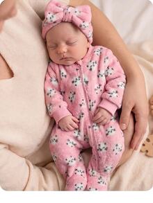 SHEIN 新生女嬰卡通圖案圓領長袖保暖內裡加厚連身衣 - 粉色 - 查看 1
