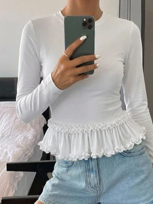 DAZY 女款純色修身圓領短袖拼接蕾絲飾邊休閒夏季T恤 - 白色 - 查看 3
