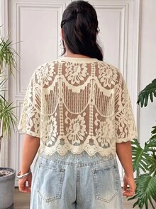 SHEIN EZwear 大尺碼女款蕾絲休閒百搭日常穿著上衣 - 杏色 - 查看 3