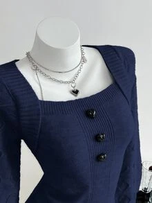 Elamini Sweet Heart Button Design Casual Versatile Women's Sweater - Blue - View 3