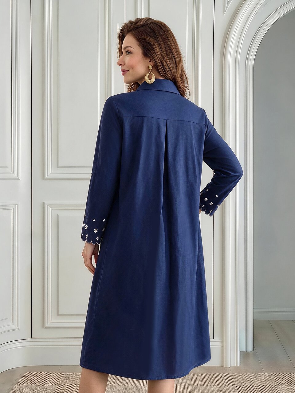 Women's Embroidered Rolled Sleeve Single-Breasted Casual Shirt Midi Dress
