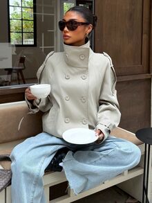 Muchica Women's Solid Color Stand Collar Casual Versatile Daily Commute Trench Coat Jacket Work Everyday Light Grey Autumn - Khaki - View 7
