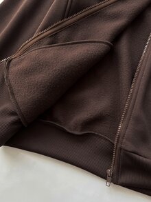 Elamini 女款素色長袖拉鍊休閒運動衫 - 棕色 - 查看 7