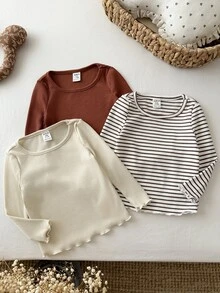 SHEIN 女嬰針織素色條紋圓領休閒T恤上衣3件套 - 彩色 - 查看 5