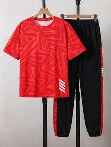 SHEIN 青少年男孩 2件組休閒短袖上衣與長褲套裝，運動風街頭穿搭 - 紅色 - 查看 2