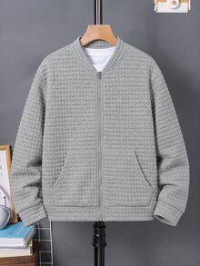 SHEIN 兒童青少年男孩休閒百搭紋理小格淺灰色棒球夾克外套，適合通勤、上學、日常休閒外出、運動，秋冬穿著 - 淺灰色 - 查看 6