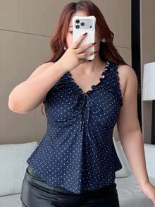 Dazy Plus 夏季波點滿版印花抓皺無袖V領套頭休閒修身大尺碼女款背心上衣秋季 - 藏蓝色 - 查看 6