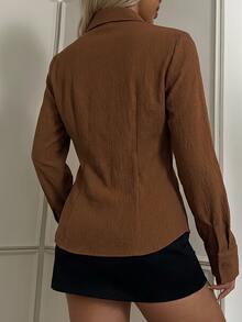 SHEIN EZwear 女款新款刺繡裝飾棕色修身長袖襯衫 - 棕色 - 查看 2