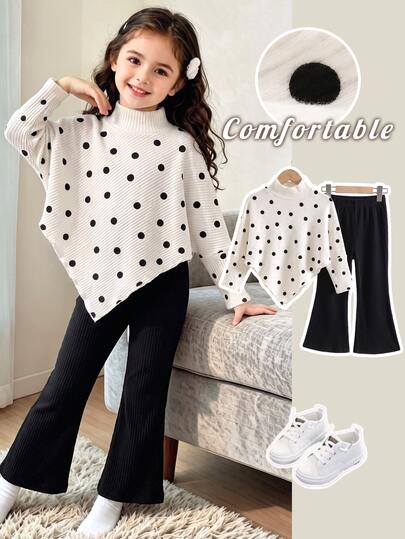 SHEIN Young Girls' Spring/Autumn/Winter Casual T-Shirt Set, Classic Polka Dot Half-High Neck Knit Top With Asymmetrical Hem Design, Paired With Black Ribbed Flared Long Pants, Leg-Flattering Fit, Simple And Elegant, Suitable For Daily Wear, Back To School, Outings, Travel, And Gatherings, 2-Piece Set