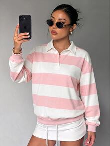 Dewbera Dewbera Color Block Striped Casual Sports Sweatshirt - Pink - View 1