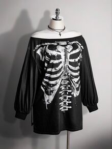 SHEIN ICON 大尺碼 Y2K 骷髏印花寬肩開衩迷你洋裝，萬聖節露肩洋裝 - 黑色 - 查看 5