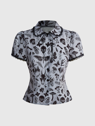 Goth Camicia da donna vestibilità aderente con stampa di teschi e piante, stile gotico scuro forestale, outfit estivo