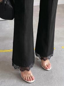 Editum 女款純色高腰對比蕾絲優雅喇叭褲 - 黑色 - 查看 6