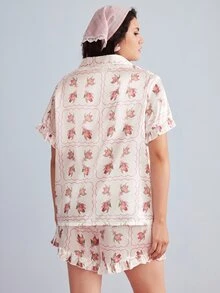 Elorette 大尺碼花卉印花上衣與短褲睡衣套裝 - 白色 - 查看 2