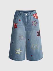 ROMWE Avant Y2K Street Casual Plaid Fun Star Embroidery Low Waist Retro Women's Cropped Wide Leg Denim Jeans - Blue - View 1