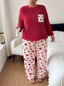 Napfluff CURVE Napfluff CURVE Plus Size Lip Print Soft Plush Comfortable Crew Neck Long Sleeve Long Pants Pajama Set - Multicolor - View 2