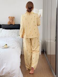 Napfluff Set Piyama Wanita Motif Garis-garis Lemon dengan Kerah Terbuka di Bagian Depan - Kuning - View 3
