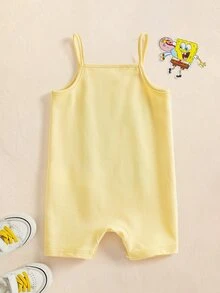 SpongeBob SquarePants | SHEIN 女嬰字母卡通印花休閒日常細肩帶連身褲 - 黃色 - 查看 2