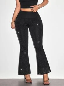 Slayform Women's Solid Color High Waist Sports Rhinestone Flare Pants - Black - View 3