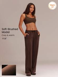 GLOWMODE Soft-Brushed Modal Find Your Glow Wide-Leg Pants With Front Seam & Adjustable Drawstring Waist Daily Casual Summer Wear - Brown - View 8