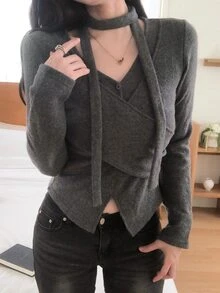 DAZY Women's Autumn/Winter Casual Cross Wrap T-Shirt - Grey - View 6