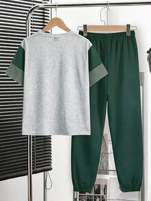 青少年男孩休閒舒適時尚簡約圓領短袖T恤與長褲套裝，經典酷感方格分割圖案印花，精緻小Logo文字圖案印花，適合秋冬返校季 - 白色 - 查看 4