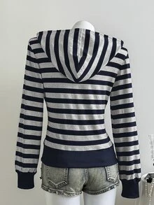 Elamini 女款灰色黑條紋長袖寬鬆羅紋拉鍊連帽外套，優雅 Y2K 甜美可愛休閒運動百搭日常穿搭，適合秋季、教師校園 - 藏蓝色 - 查看 2