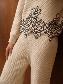 MOTF WOMEN'S AUTUMN/WINTER GUIPURE LACE APPLIQUE TEXTURED FABRIC SWEATER AND WIDE LEG PANTS SET - Apricot - View 7