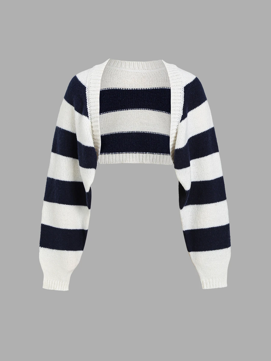 Sweetra Cardigan Pendek Longgar Bergaris Tebal Kontras Biru & Putih untuk Wanita - MultiWarna - View 1