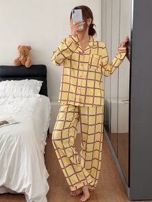 Napfluff Plaid Contrast Trim Lapel Open Front Long Sleeve Pants Pajama Set - Multicolor - View 7