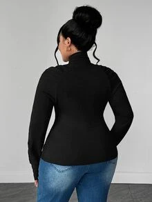 Maweii Plus Size Minimalist Sexy Style Semi-High Neck Lace Patchwork Long Sleeve T-Shirt, Ruched Puff Shoulder, Elastic Ribbed Slim Fit Base Layer Top - Black - View 4