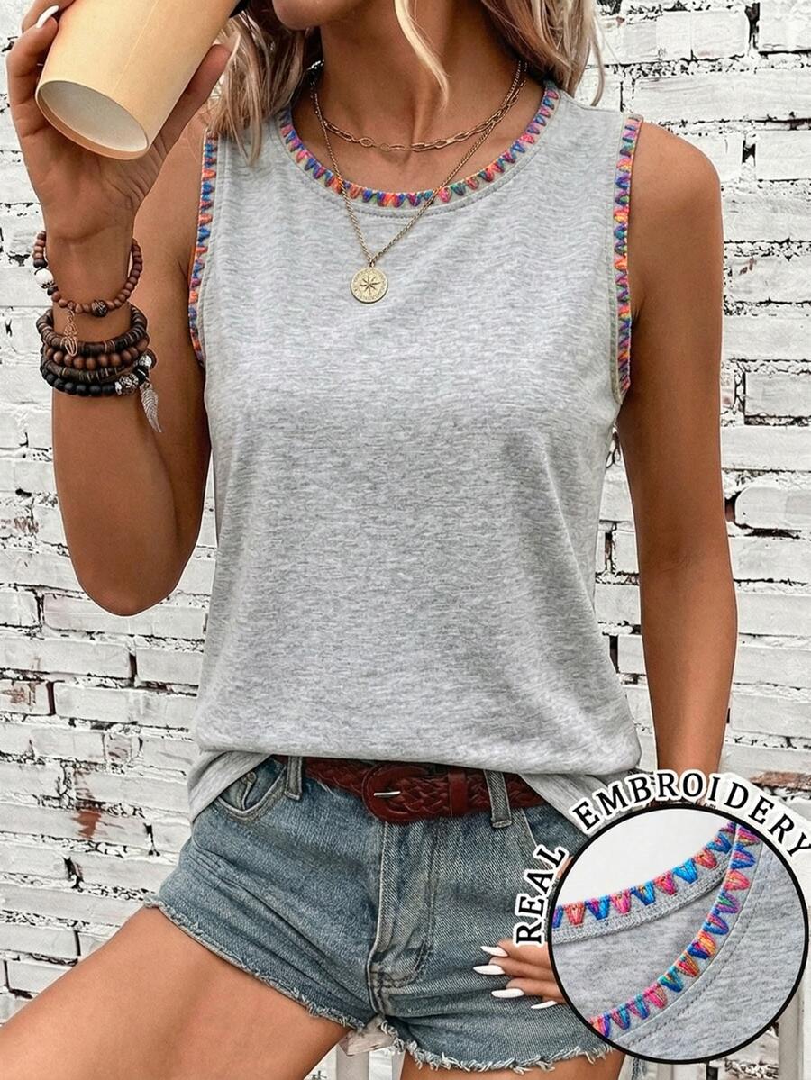 SHEIN LUNE 休閒極簡風拼色滾邊刺繡夏季女款背心 - 灰色 - 查看 1