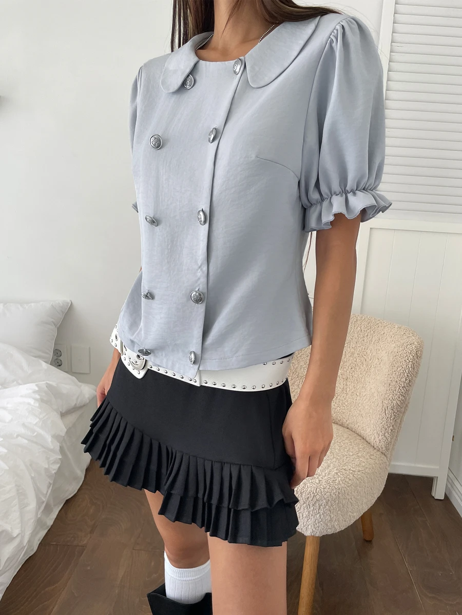 K-Vae Women's Korean Style Fresh Light Gray-Blue Collared Short Shirt Vintage Double-Breasted Pleated Ruffle Sleeve Blouse - Multicolor - View 1