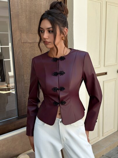 EastFlair Women's PU Leather Button Design Long Sleeve Fashion Jacket