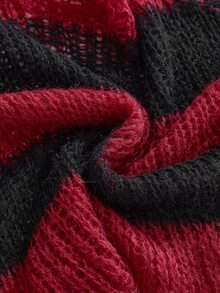 ROMWE Goth Y2K Dark Style Red & Black Striped Hollow Knit Long Sleeve Cropped Top - Black - View 4